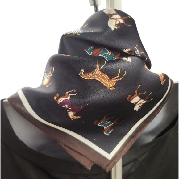 Luxury Black 100% Silk Equestrian Horse Print Scarf With Brown Border Decorative - Picture 11 of 12